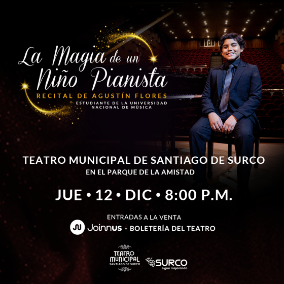 Talentoso pianista, Agustín Flores Estupiñán, se presenta en el Teatro de Surco